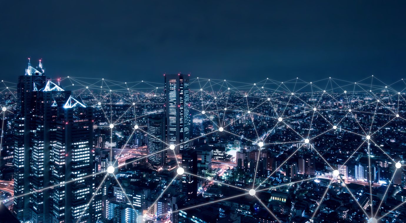 Telecommunication network above city, wireless mobile internet technology for smart grid or 5G LTE data connection, concept about IoT, global business, fintech, blockchain data mesh