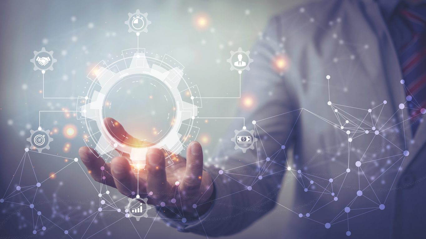 Business process management and workflow automation diagram with gears and icons with connection line network in background. Manager touching interface Business process management and workflow automation diagram with gears and icons with connection line network in background. Manager touching interface