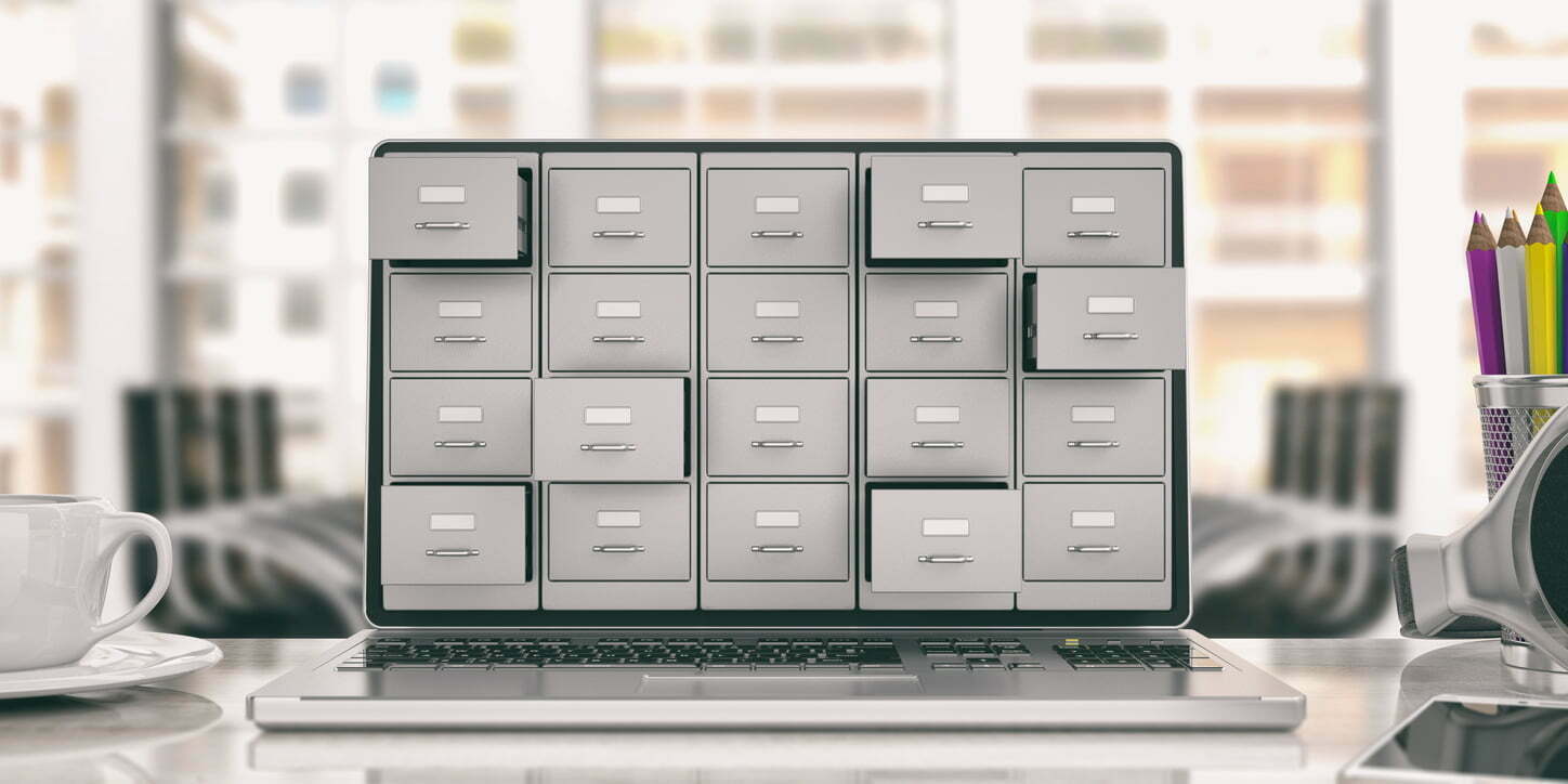 Laptop Data Storage. Filing Cabinet On A Laptop Screen. 3d Illustration Laptop Data Storage. Filing Cabinet On A Laptop Screen. 3d Illustration