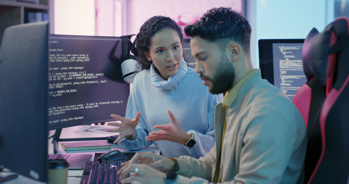 Computer, Woman Programmer And Man Training For Coding, Cyber Security Or Software On Computer. Female It Specialist, Male Coder Or Talking To Connect Internet, Information Update And Cloud Computing Computer, Woman Programmer And Man Training For Coding, Cyber Security Or Software On Computer. Female It Specialist, Male Coder Or Talking To Connect Internet, Information Update And Cloud Computing