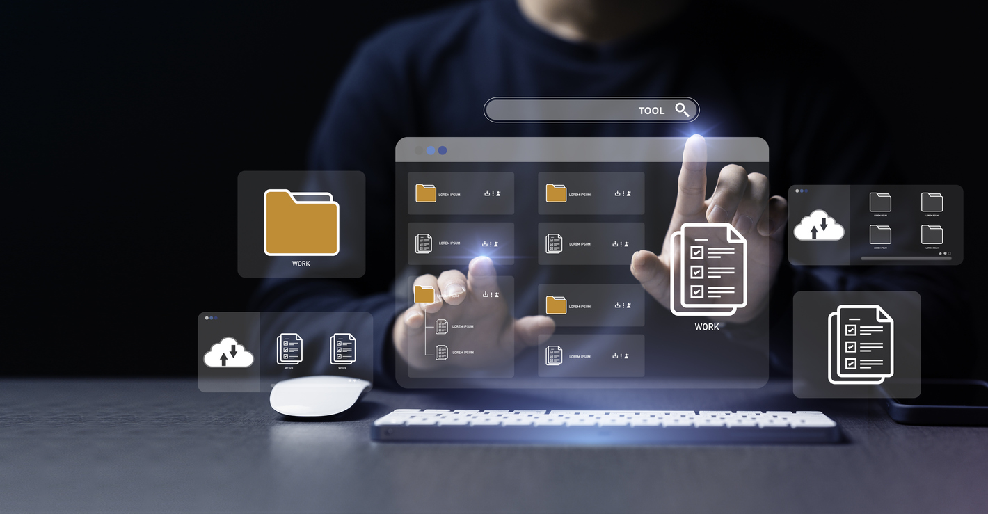 Businessman Using A Computer To Document Management Concept, Online Documentation Database And Digital File Storage System Or Software, Records Keeping, Database Technology, File Access, Doc Sharing. Businessman Using A Computer To Document Management Concept, Online Documentation Database And Digital File Storage System Or Software, Records Keeping, Database Technology, File Access, Doc Sharing.